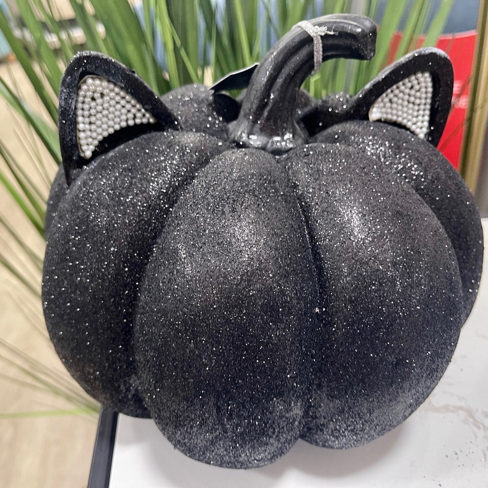 Halloween Cat Pumpkin Jack o’lantern Black Glitter with Pearl Ears NWT